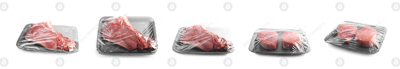 Image of Set of fresh raw beef steaks in plastic containers isolated on white. Banner design