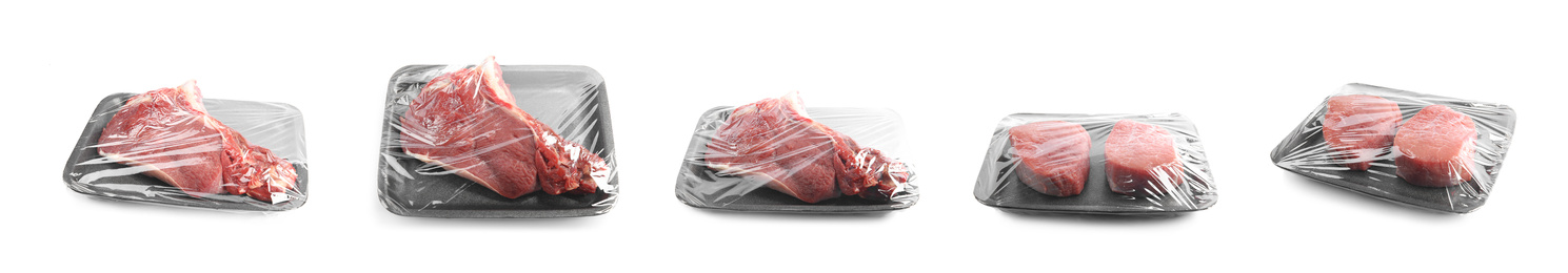 Image of Set of fresh raw beef steaks in plastic containers isolated on white. Banner design