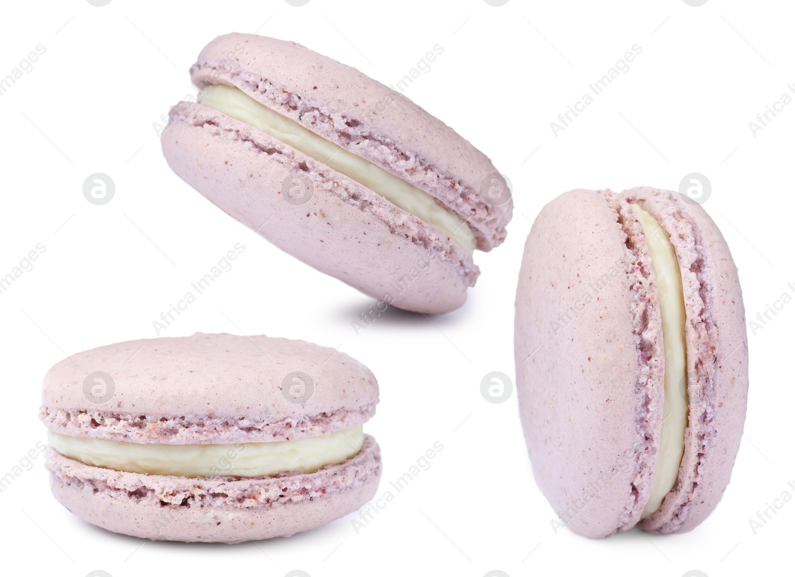 Image of Set with delicious macarons on white background