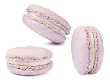 Image of Set with delicious macarons on white background