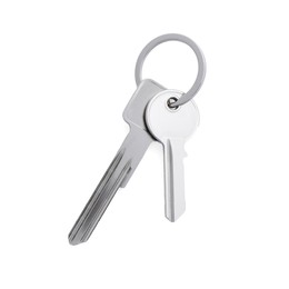 Photo of Two keys with ring isolated on white, top view
