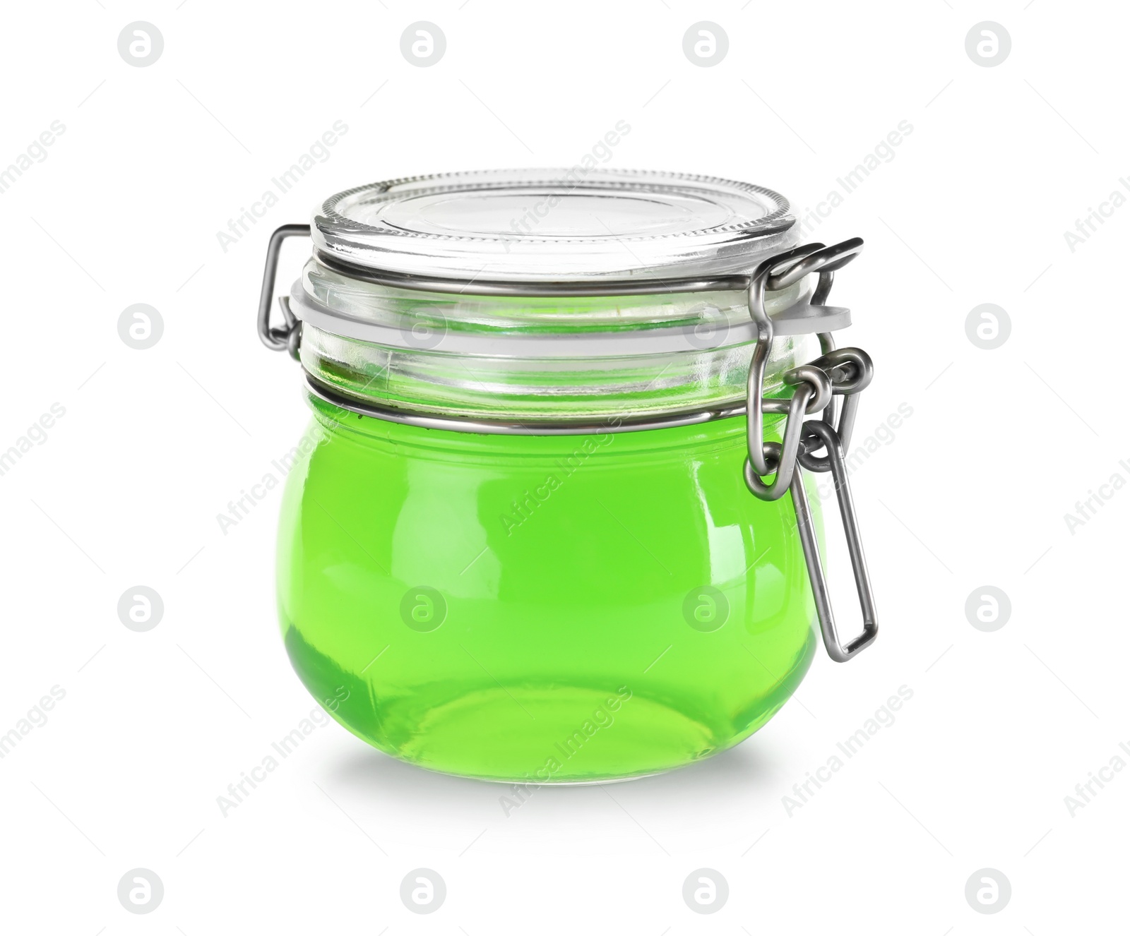 Photo of Tasty colorful jelly in glass jar on white background