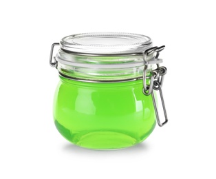 Photo of Tasty colorful jelly in glass jar on white background