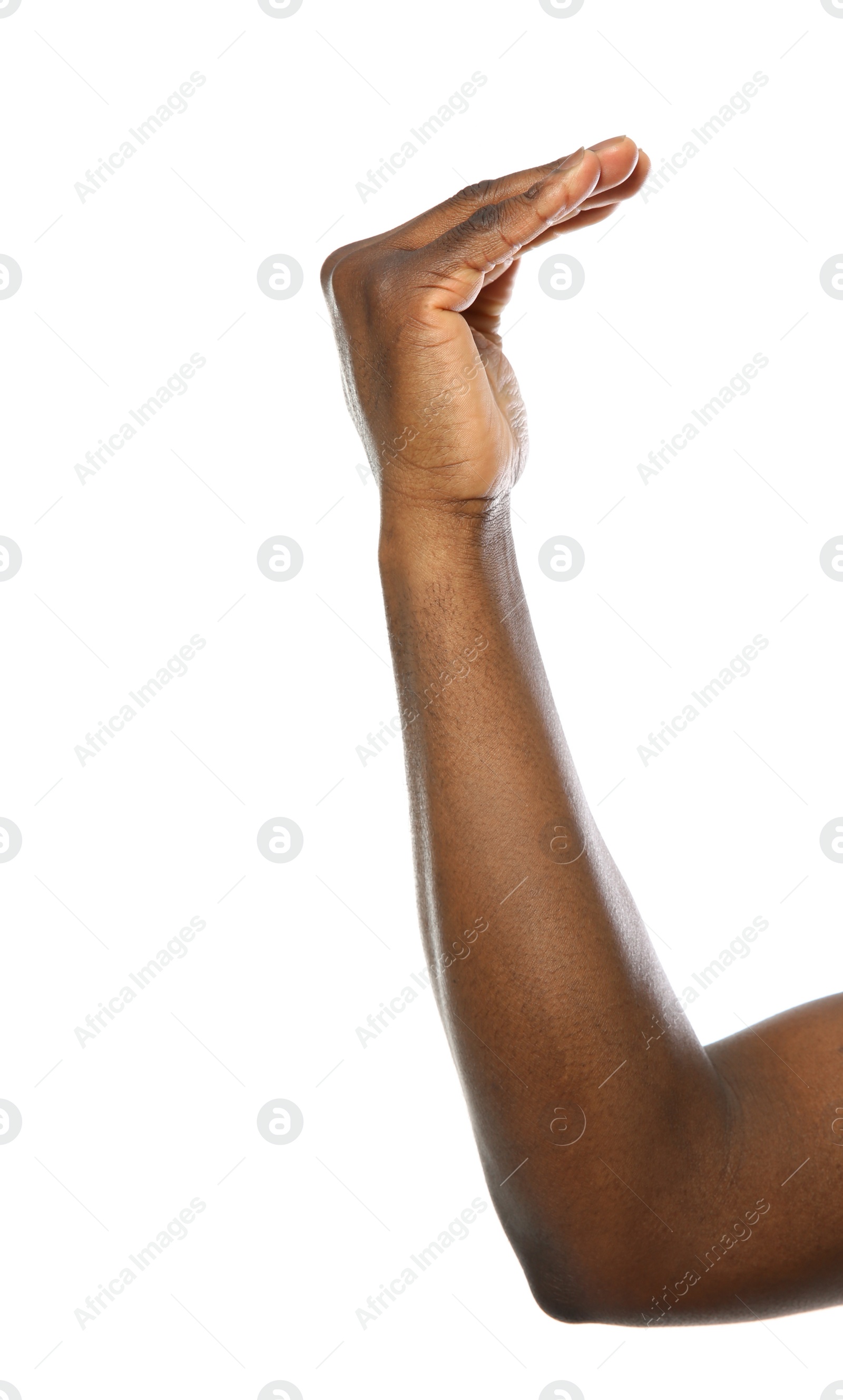 Photo of African-American man showing COME HERE gesture on white background, closeup