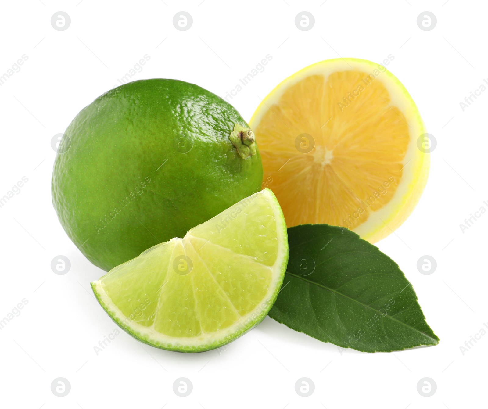 Photo of Fresh ripe lemon, limes and green leaf on white background