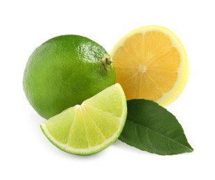 Photo of Fresh ripe lemon, limes and green leaf on white background