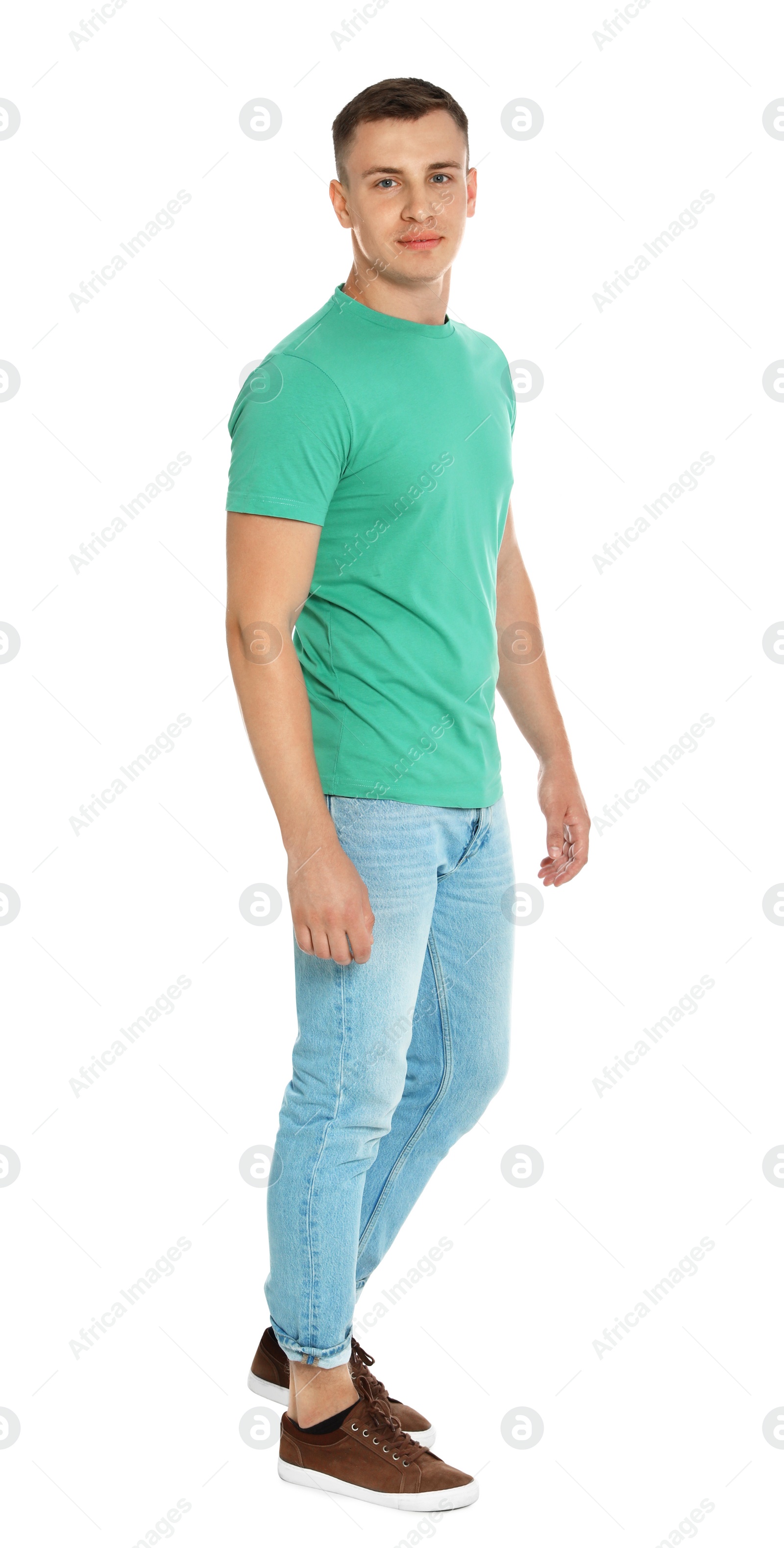 Photo of Full length portrait of young man on white background