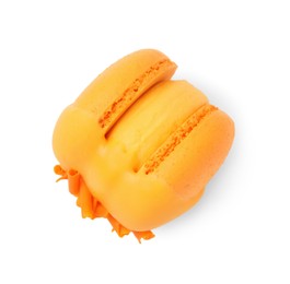 Photo of One delicious sweet macaron isolated on white, top view