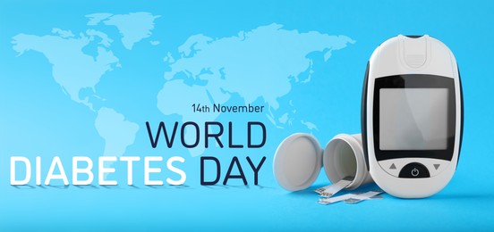 World Diabetes Day, banner design. Digital glucometer and test strips. Illustration of world map on light blue background