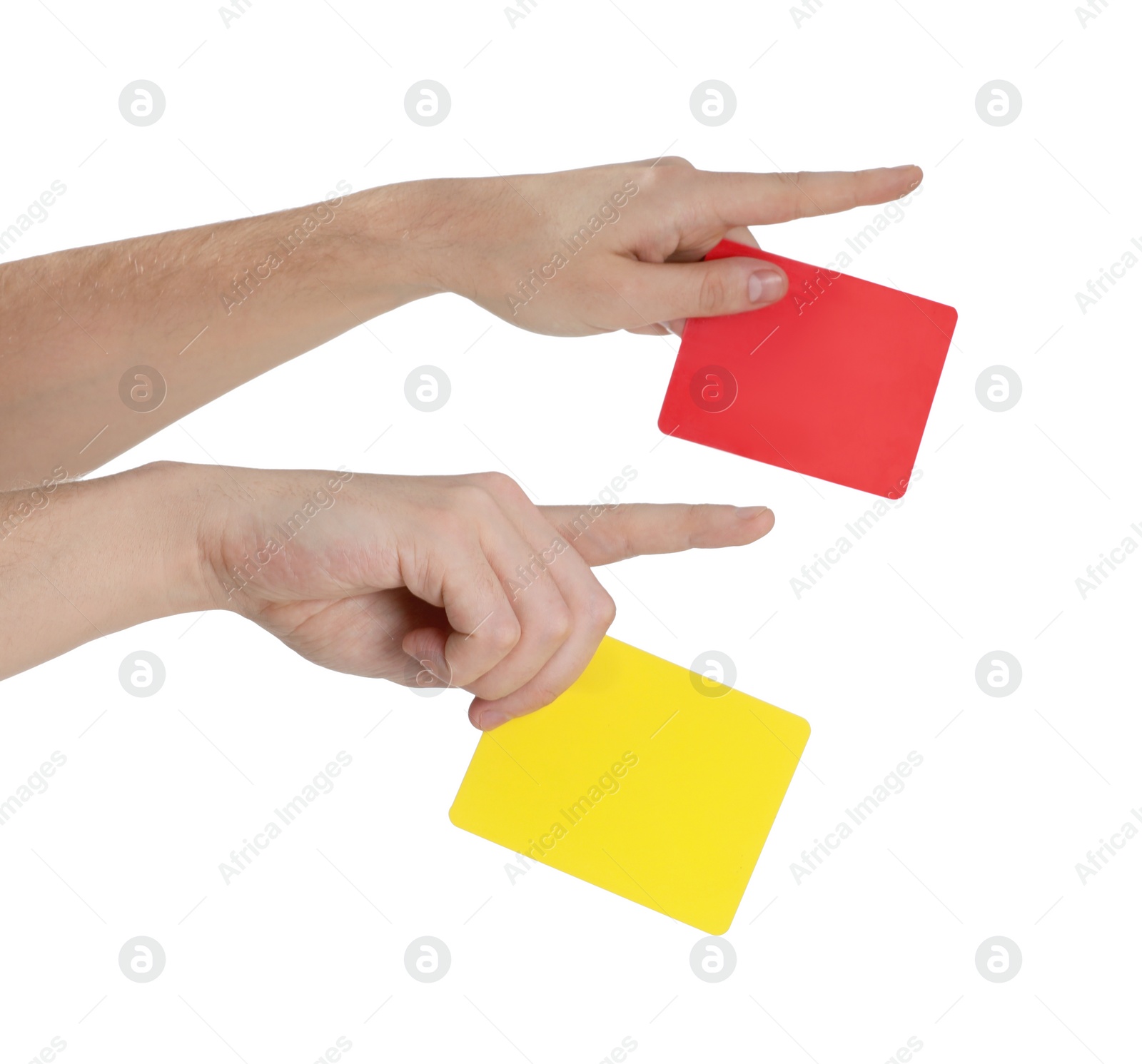 Photo of Referee holding cards and pointing on white background, closeup