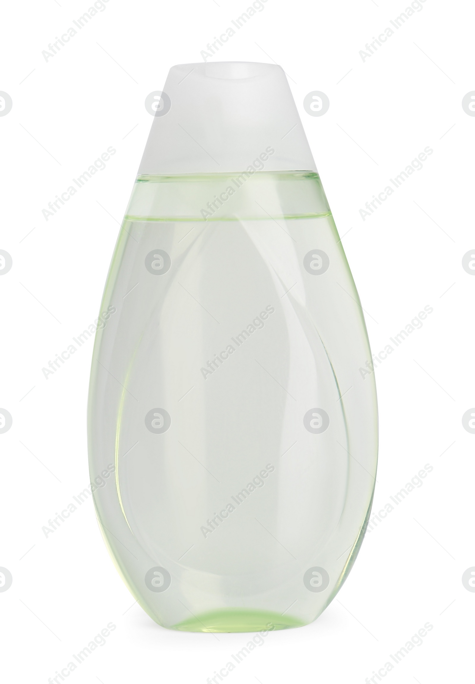 Photo of Green transparent bottle with baby oil isolated on white