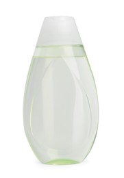 Green transparent bottle with baby oil isolated on white