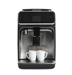 Photo of Making coffee with modern espresso machine on white background