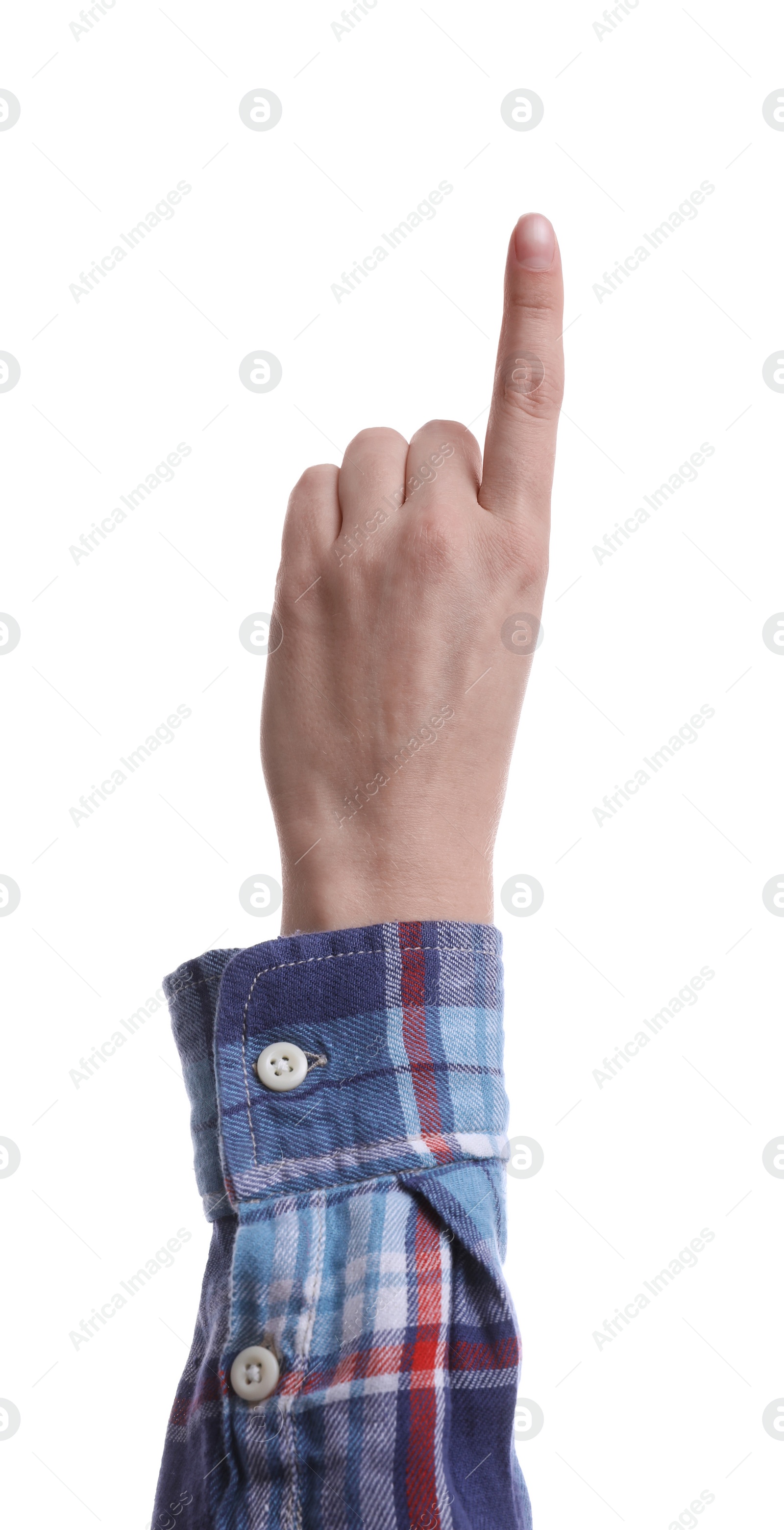 Photo of Woman pointing with index finger on white background, closeup. Responsibility concept