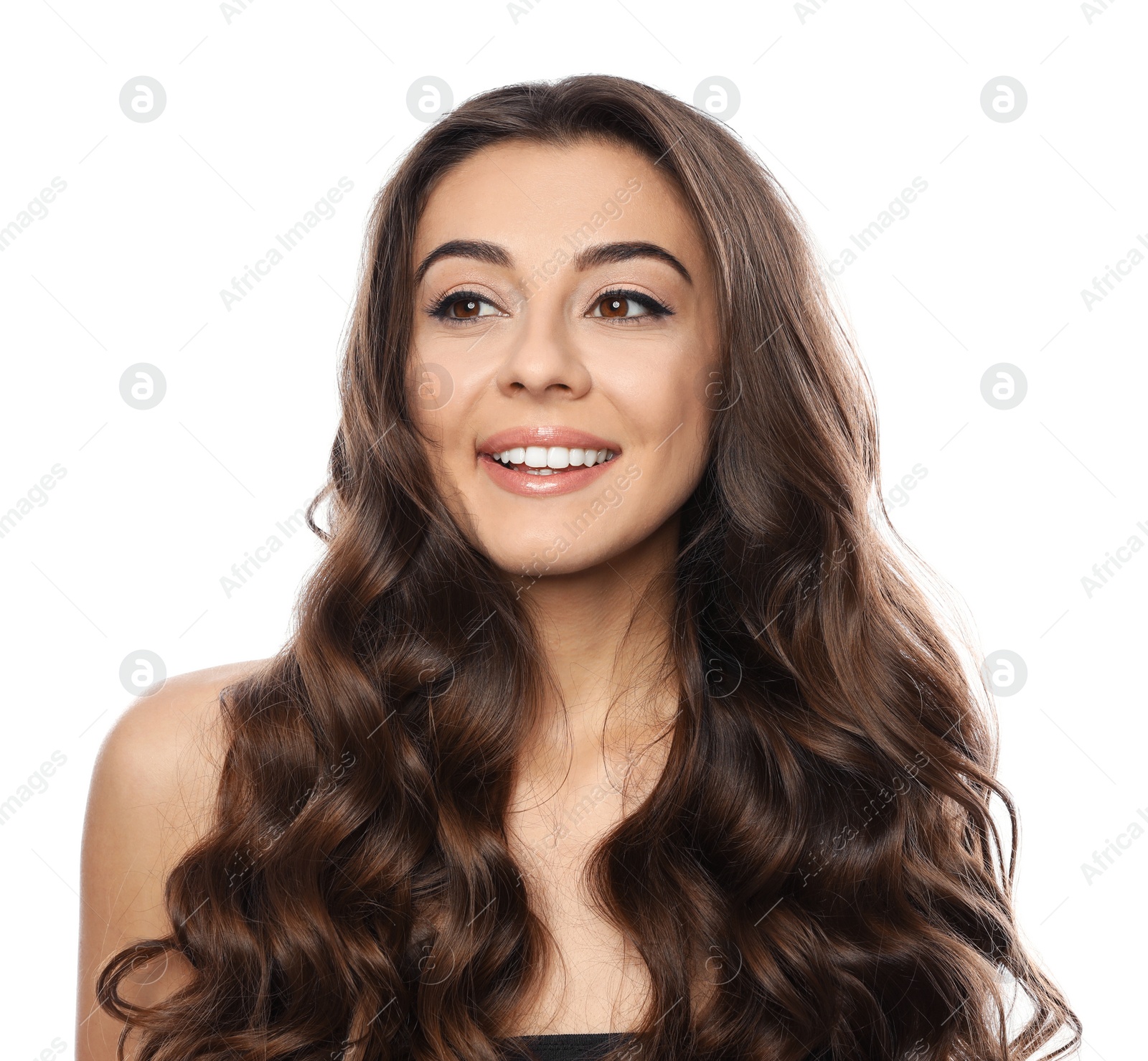 Photo of Beautiful woman with shiny wavy hair on white background