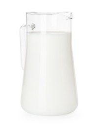 Photo of Glass jug with fresh milk isolated on white