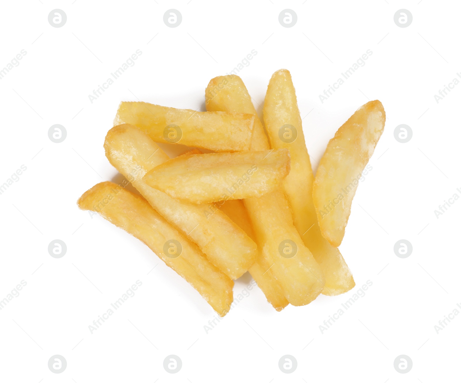 Photo of Delicious fresh french fries on white background, top view