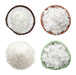 Image of Set with fresh coconut flakes isolated on white, top view