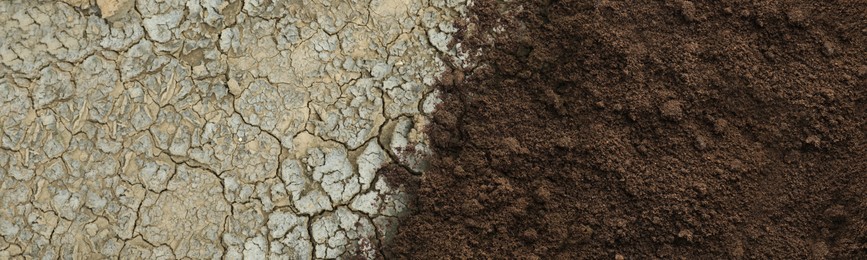 Image of Dry cracked ground and fertile soil, banner design