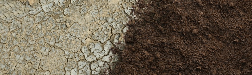 Dry cracked ground and fertile soil, banner design