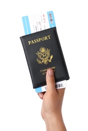 Photo of Woman holding passport and ticket on white background, closeup. Travel agency concept
