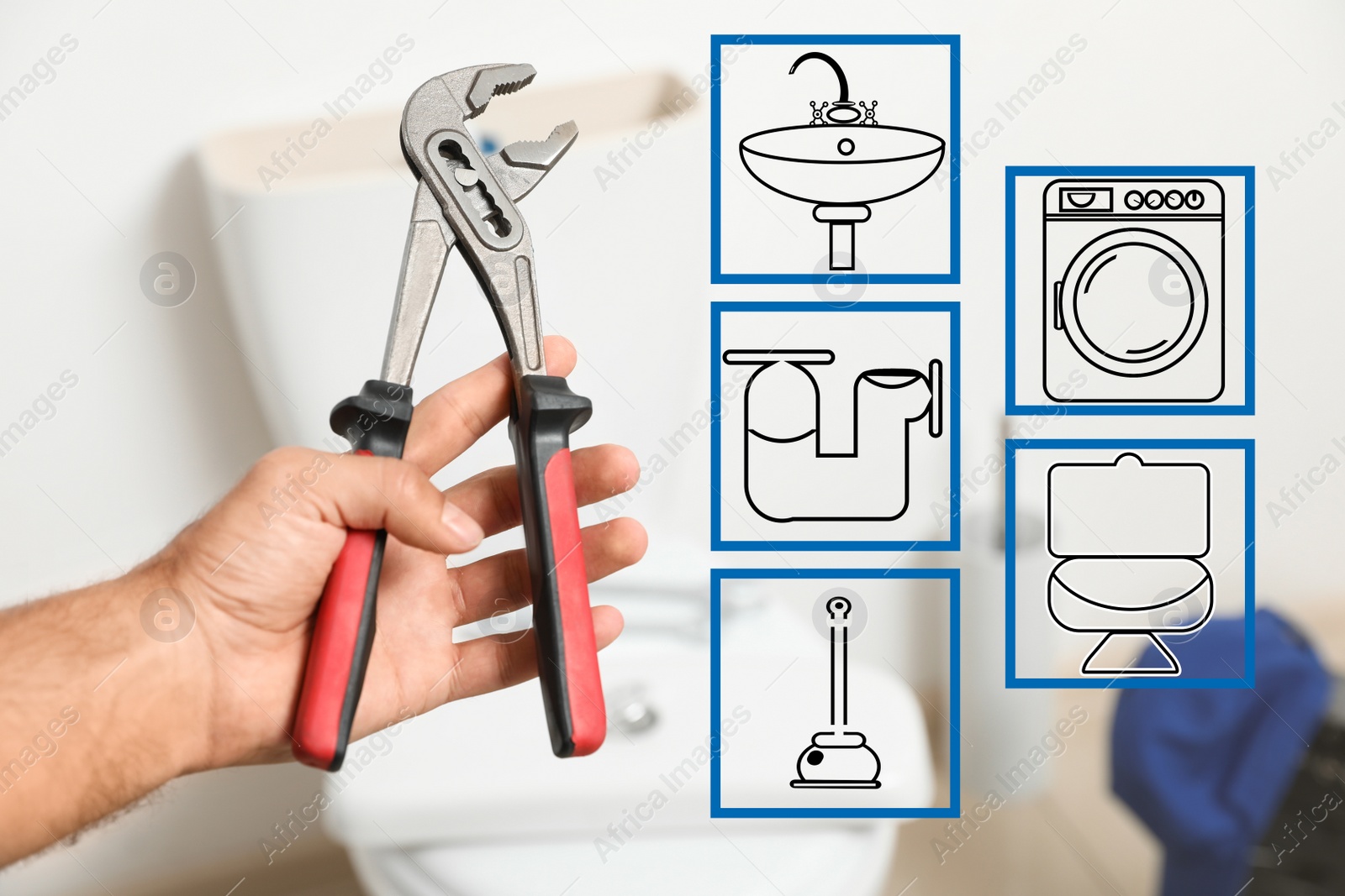 Image of Sanitary engineering service. Professional plumber holding pliers against toilet bowl in bathroom, closeup