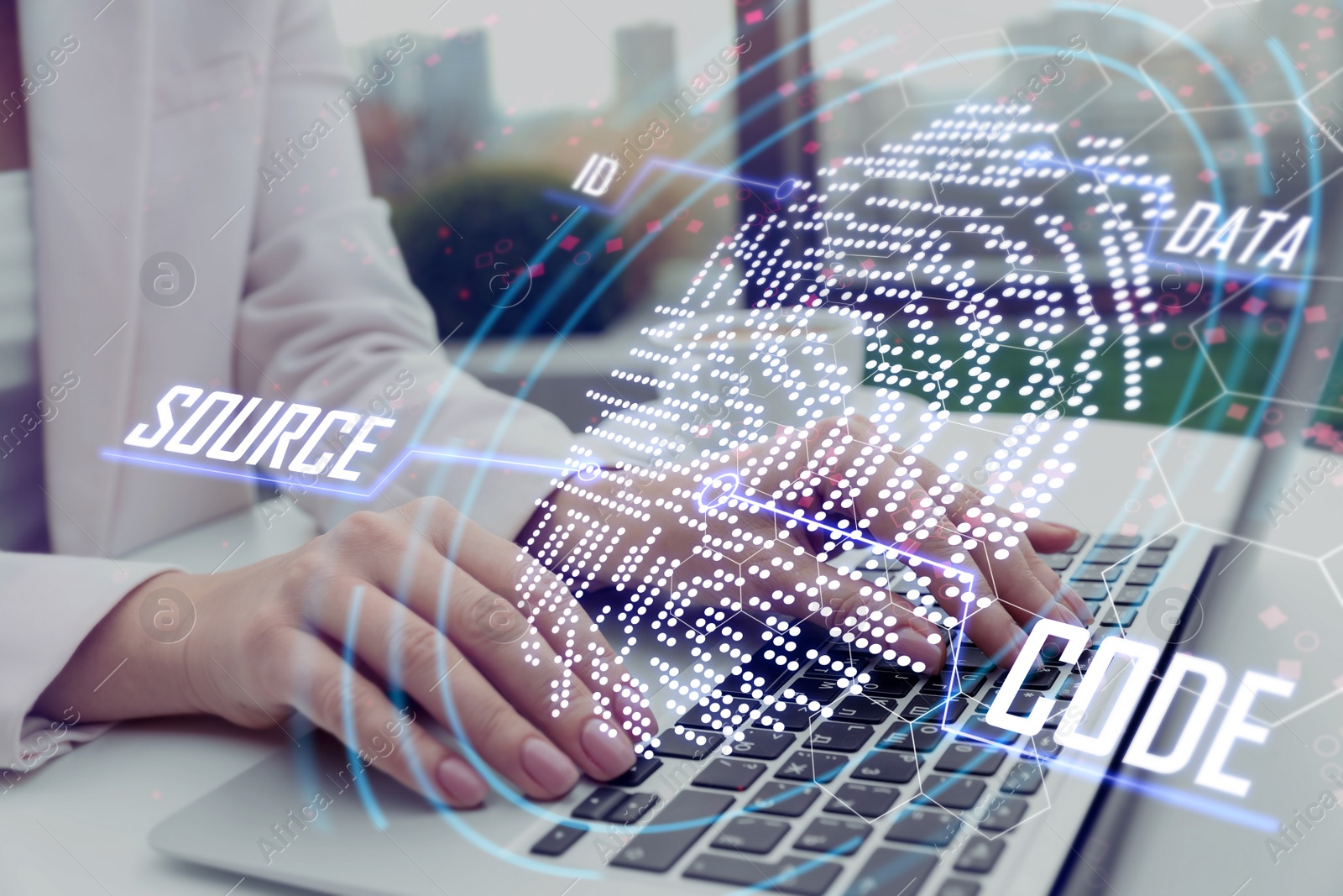 Image of Fingerprint identification. Woman working with laptop at table indoors, closeup