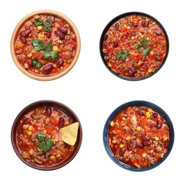 Image of Set with tasty chili con carne on white background, top view