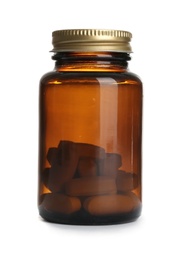 Bottle with vitamin pills on white background