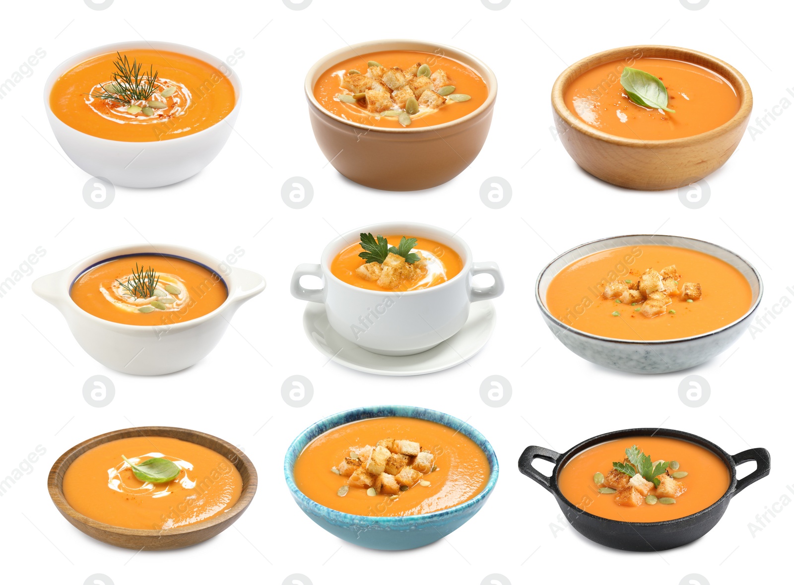 Image of Set of fresh pumpkin soups on white background