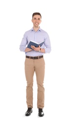 Photo of Young male teacher with book on white background