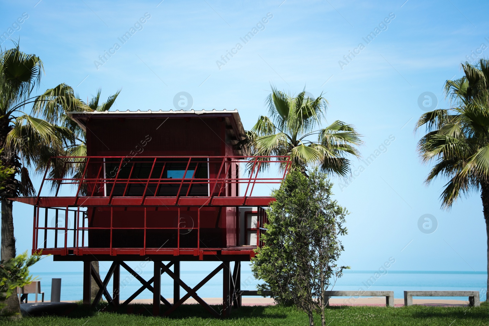 Photo of Red wooden lifeguard house and palm trees on seacoast