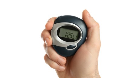 Photo of Man holding digital timer on white background, closeup