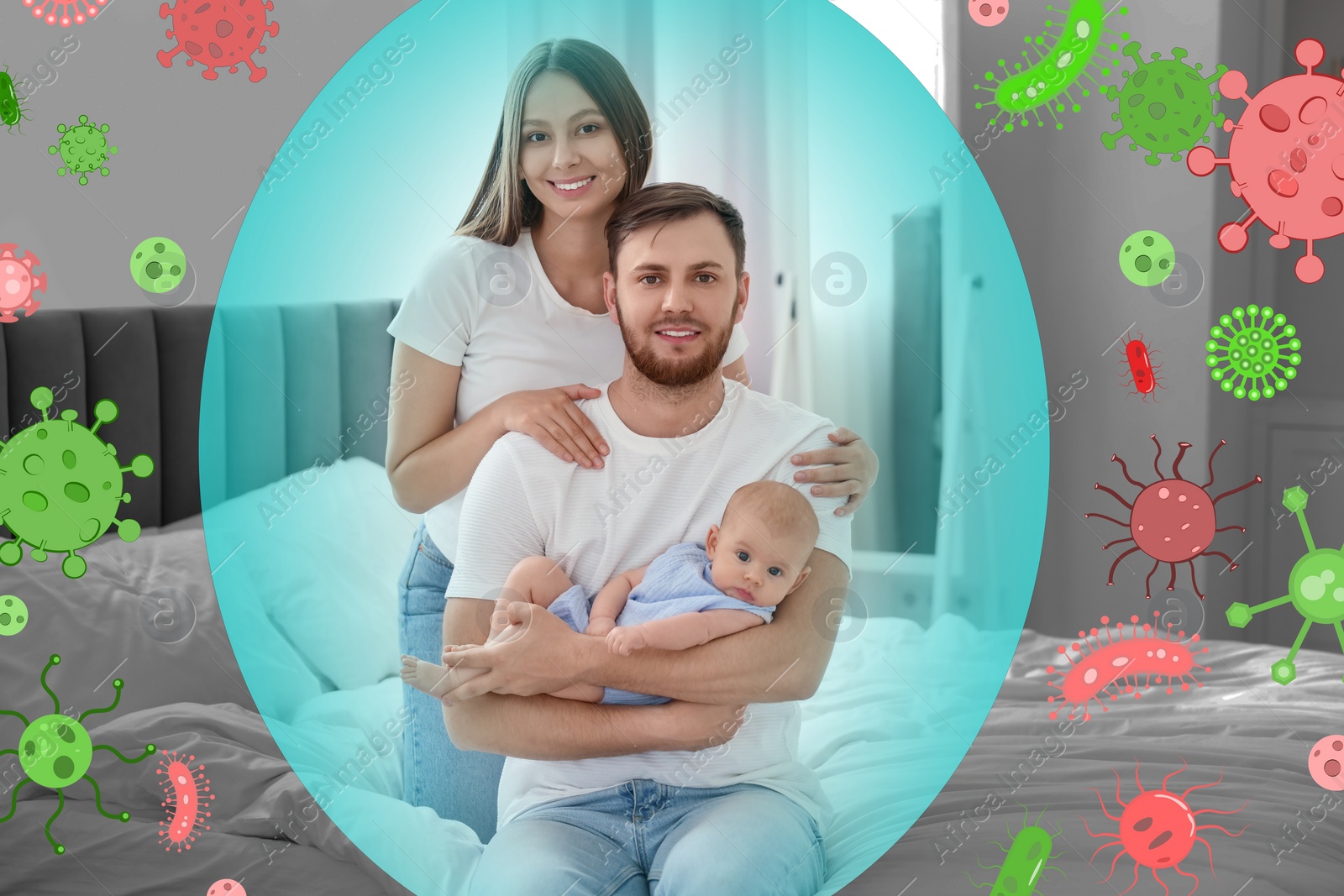 Image of Happy family with strong immunity at home. Bubble around them blocking viruses, illustration