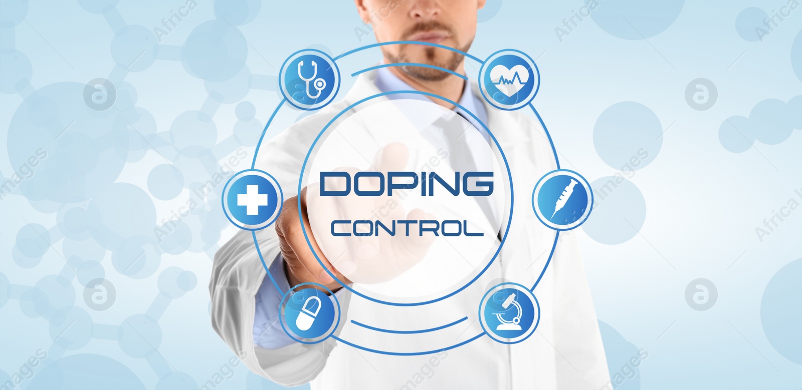 Image of Doping control. Doctor pointing at virtual chart with icons on light background, closeup