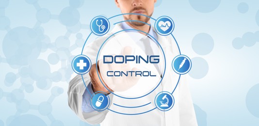 Image of Doping control. Doctor pointing at virtual chart with icons on light background, closeup