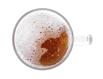 Glass mug with fresh beer isolated on white, top view