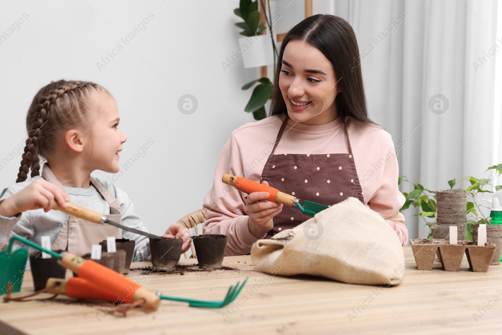 Photo of Mother and her daughter filling pots with soil at wooden table indoors. Growing vegetable seeds