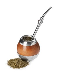 Photo of Calabash and bombilla with mate tea on white background