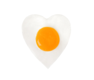 Heart shaped fried egg isolated on white, top view