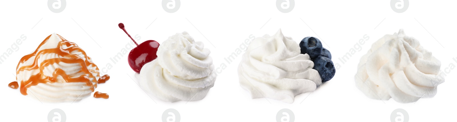Image of Set with delicious fresh whipped cream on white background. Banner design
