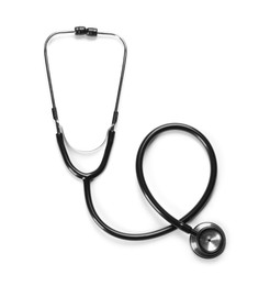 New stethoscope on white background, top view. Medical instrument