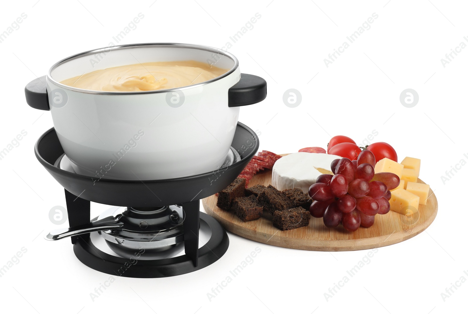 Photo of Fondue with tasty melted cheese and different snacks isolated on white