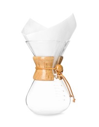 Photo of Glass chemex coffeemaker with paper coffee filter isolated on white