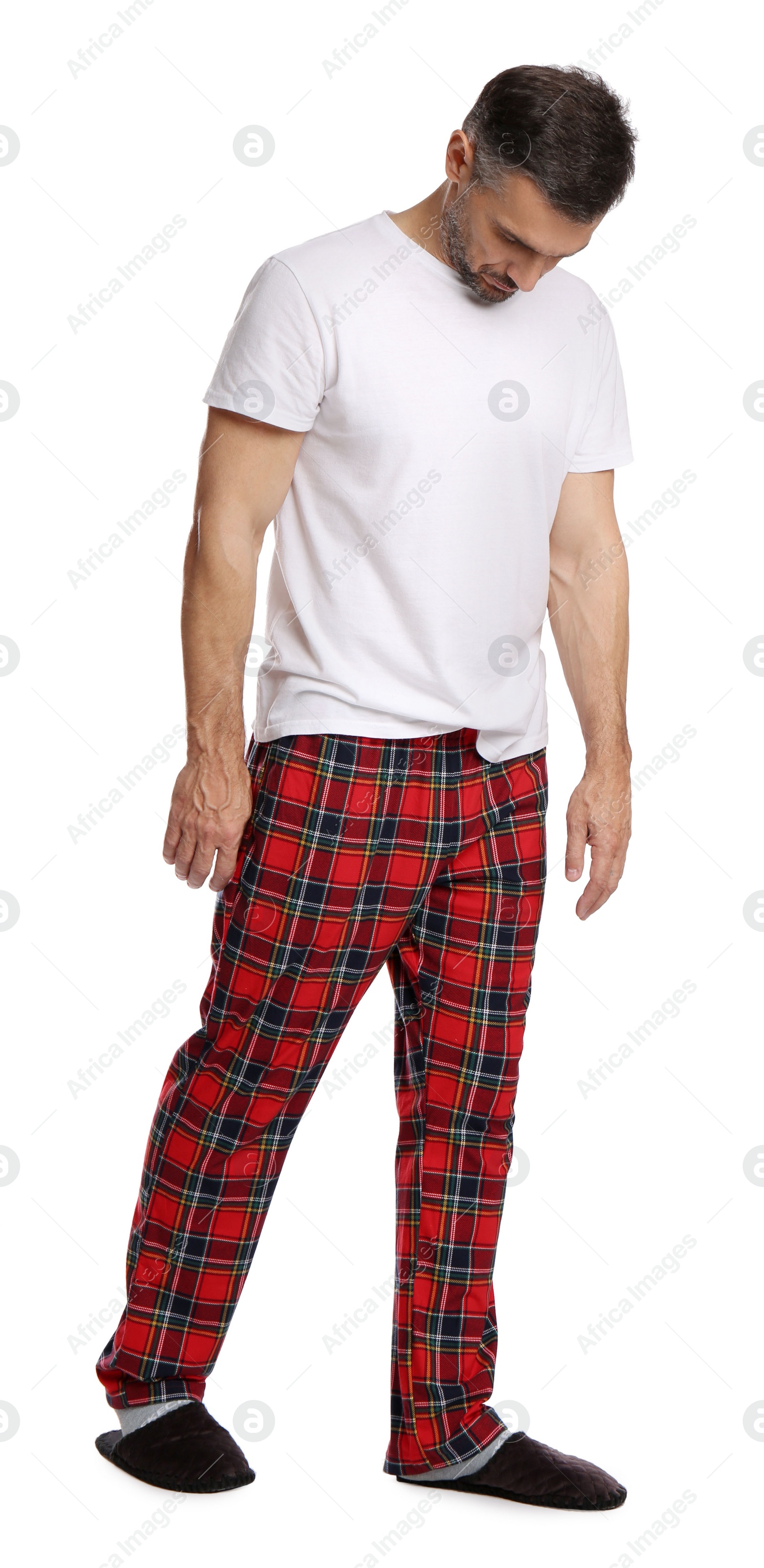 Photo of Man in sleepwalking state on white background