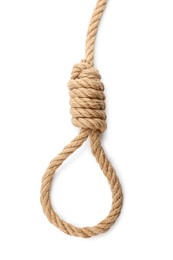 Rope noose with knot on white background, top view