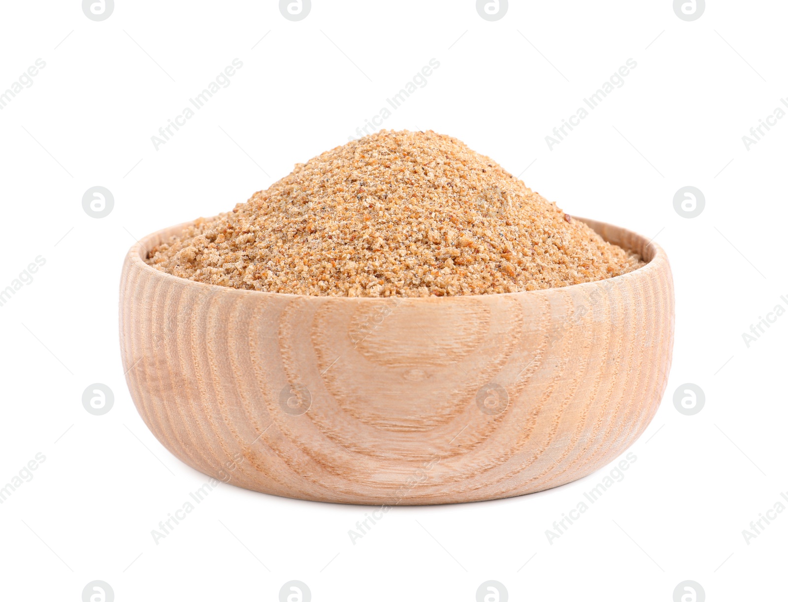 Photo of Fresh bread crumbs in wooden bowl isolated on white