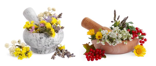 Image of Two mortars with flowers on white background