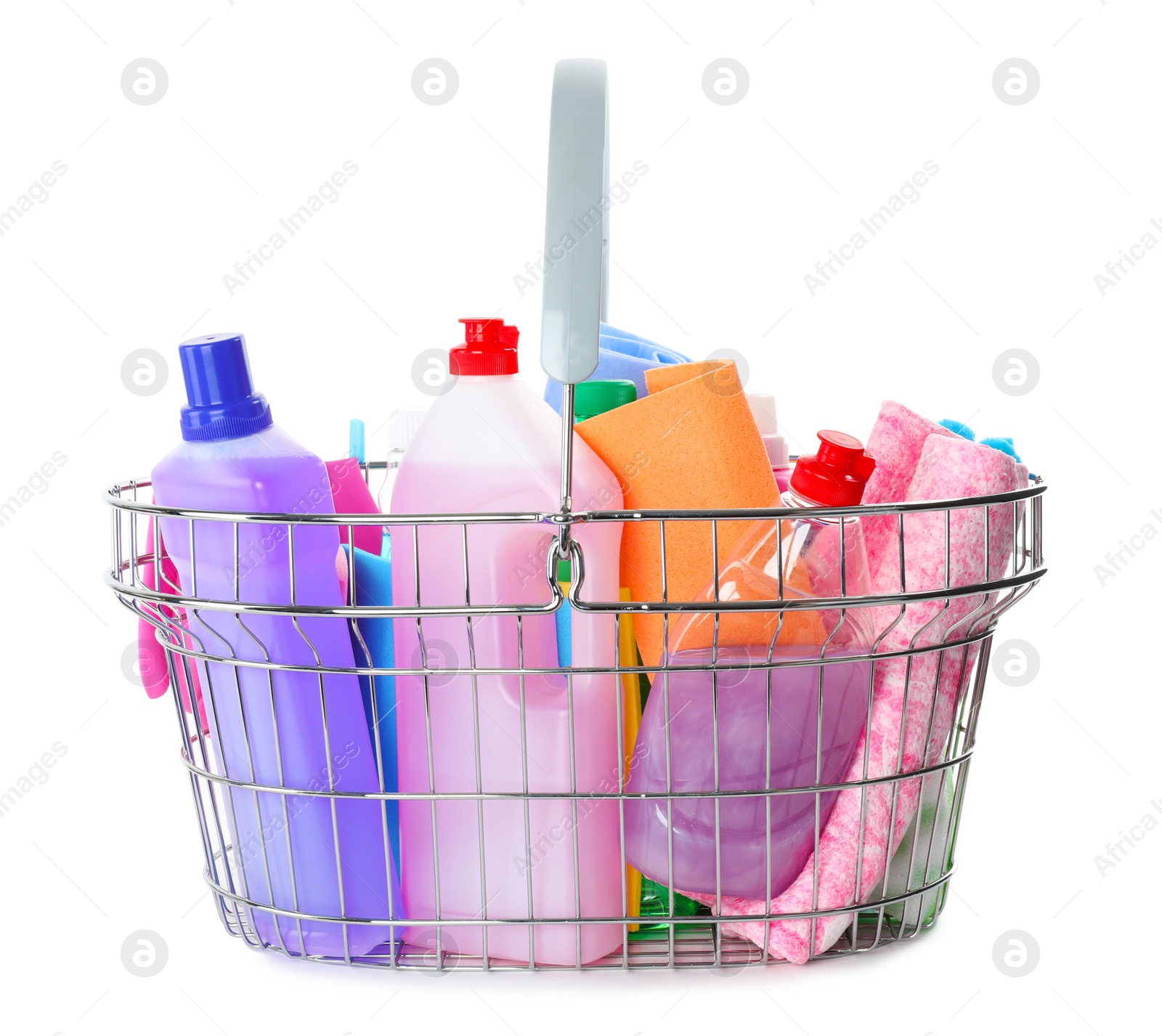 Photo of Metal shopping basket with different household chemicals on white background