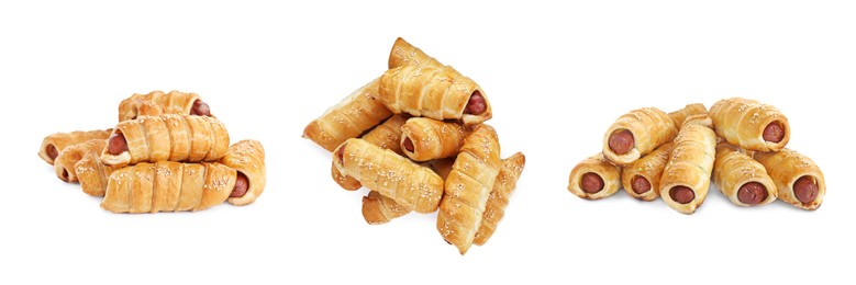 Image of Collage of tasty sausages in dough on white background